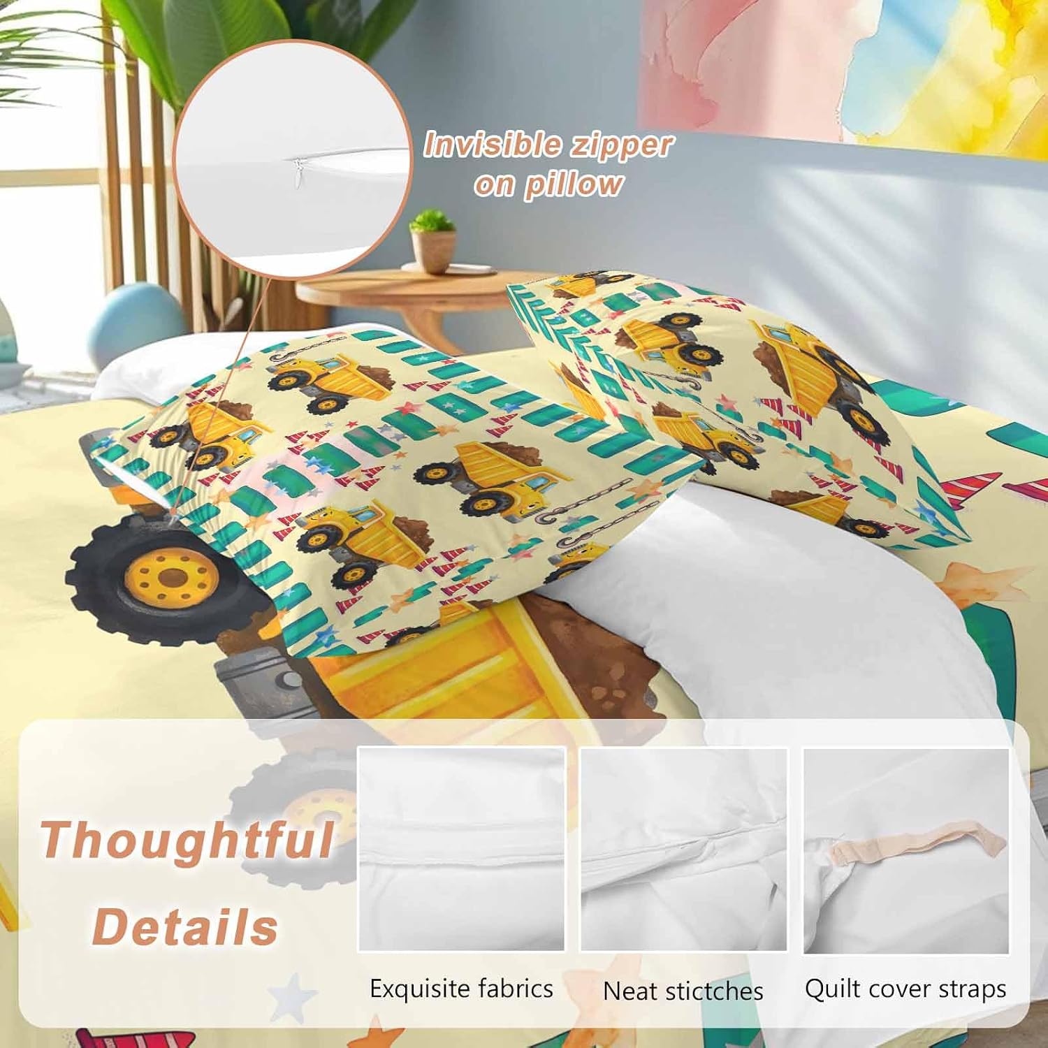 Prime Leader Cartoon Caravans Duvet Cover Set Queen Size 4 Pieces Hookups Roadblocks Stars Green Border Bedding Set with Zipper Closure, 1 Comforter Cover 86x86 Inches 1 Flat Sheet & 2 Pillow Cases