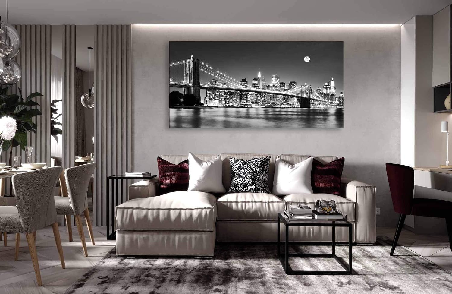 Baisuart-Q30375 Brooklyn Bridge Night View 1 Panels Landscape Artwork Canvas Prints Moon Night New York City Scene Picture Paintings Black and white Wall Art for Oiffce Home Decorations Wall Decor