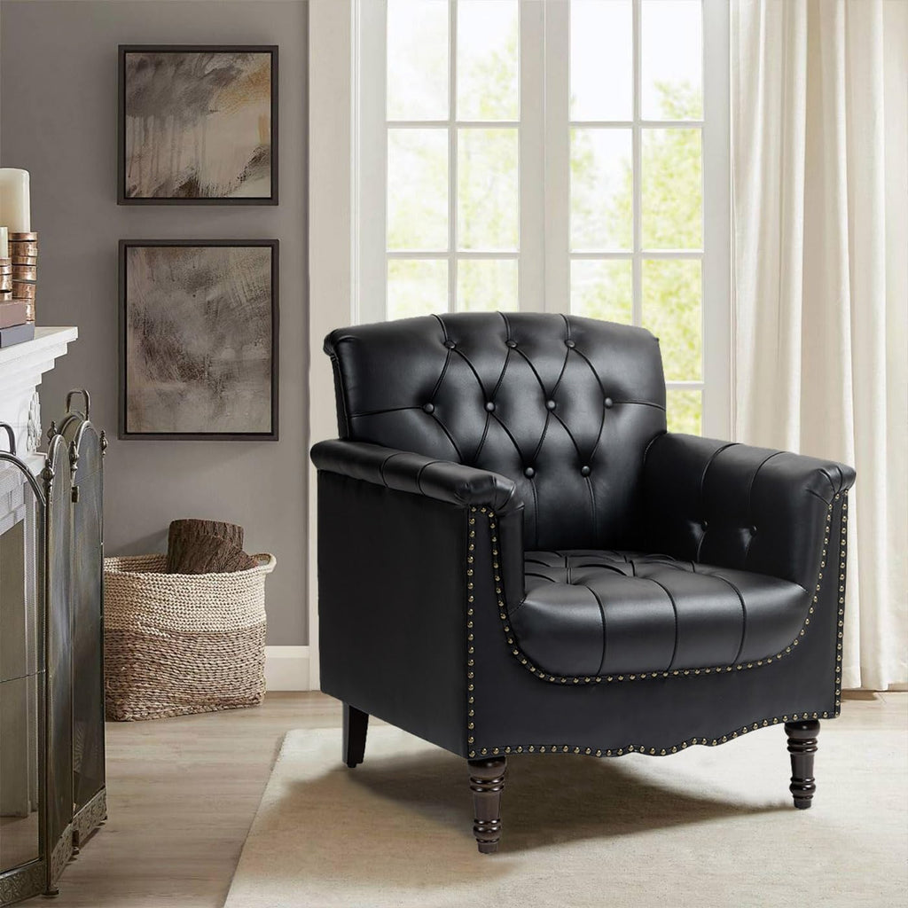 Faux Leather Accent Chair, PU Leather Modern Comfy Upholstered Armchair with Wood Legs & Nailhead Trim for Living Room, Bedroom (Black,Set of 1)