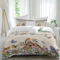 Hello Spring Duvet Cover Set Queen Size 4 Pieces Bird Pink White Flowers Butterflies Vintage Linen Texture Bedding Set with Zipper Closure,1 Comforter Cover 92x106 Inches 1 Flat Sheet & 2 Pillow Cases