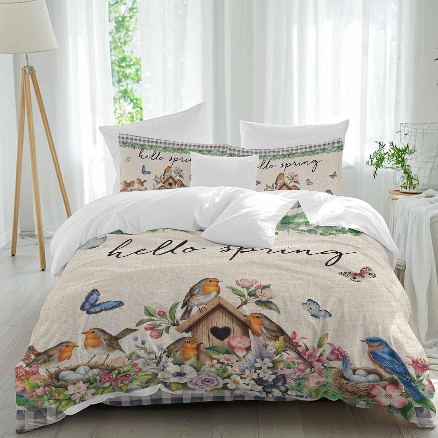Hello Spring Duvet Cover Set Queen Size 4 Pieces Bird Pink White Flowers Butterflies Vintage Linen Texture Bedding Set with Zipper Closure,1 Comforter Cover 92x106 Inches 1 Flat Sheet & 2 Pillow Cases