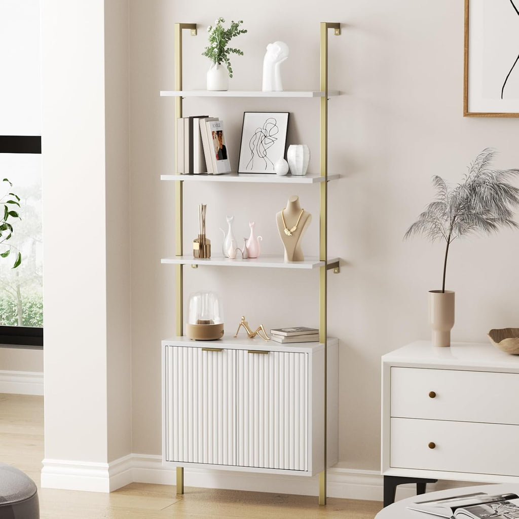 Halitaa Set of 2 White & Gold Ladder Shelf with Storage Cabinet, Modern Ladder Bookshelf with Doors, Wall Mount Bookcase with Metal Frame, Display Shelves for Living/Bed/Bathroom, Home Office
