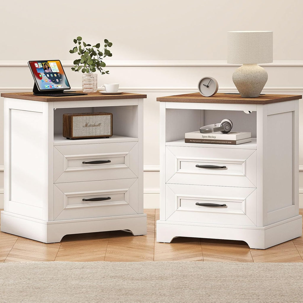 Farmhouse Nightstand with Charging Station- Wood Night Stand Set 2, 2 Drawer Nightstands Set of 2, Bedside Table with Storage, Rustic Night Stands for Bedroom, Closet, 18' Wide, 24' Tall