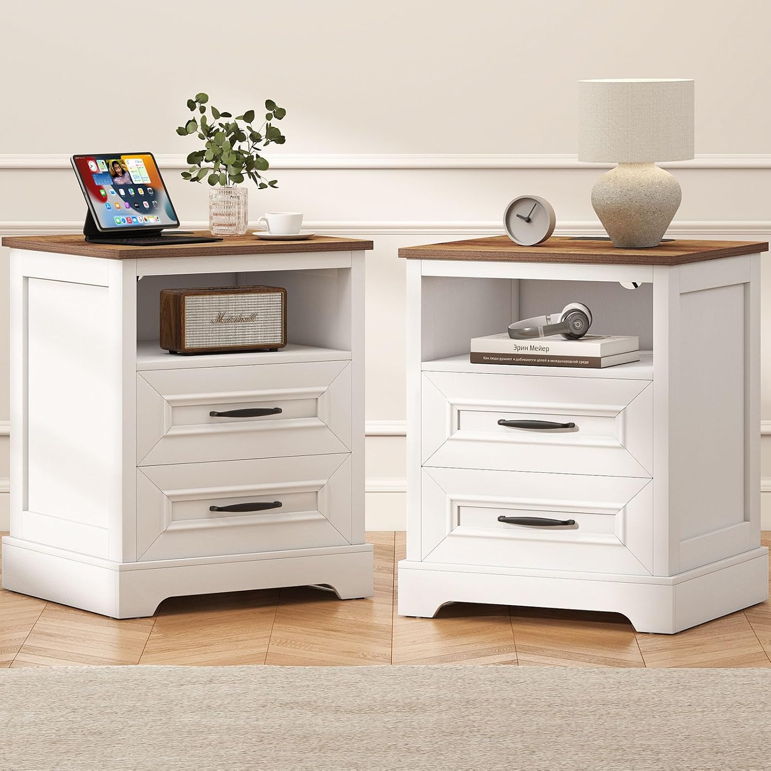Farmhouse Nightstand with Charging Station- Wood Night Stand Set 2, 2 Drawer Nightstands Set of 2, Bedside Table with Storage, Rustic Night Stands for Bedroom, Closet, 18' Wide, 24' Tall