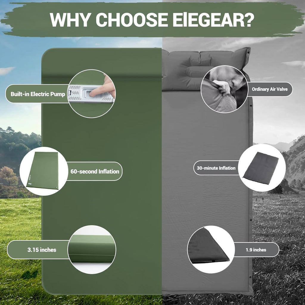 Elegear CumbreX™ Self Inflating Sleeping Pad, Built-in Electric Pump 3.15' Ultra-Thick Memory Foam Camping Mattress Pad with Pillow Double Sleeping Pad for Camping R-Value 9.5 Foam Camp Pad - Full