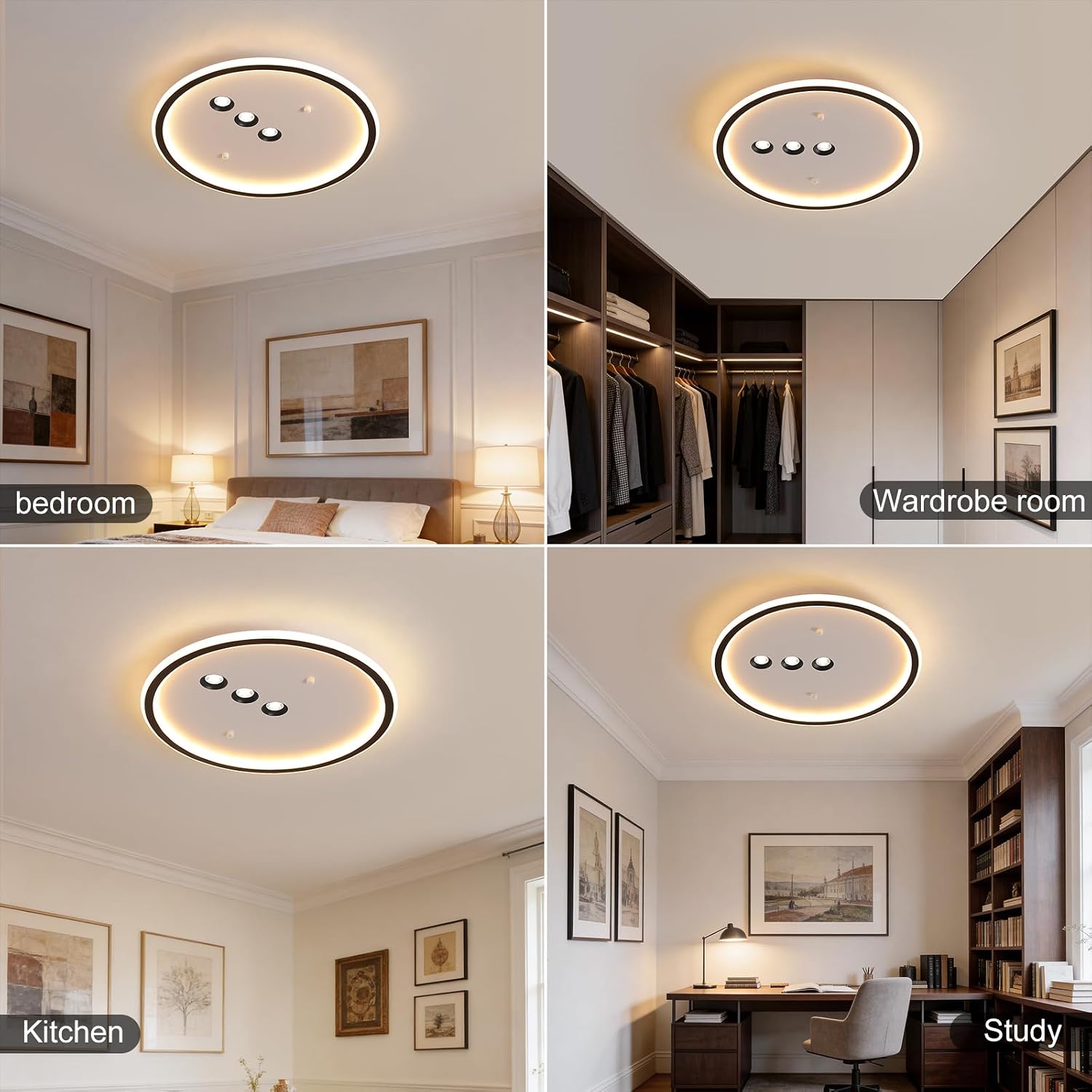 Shine LUEST Modern Round LED Flush Mount Ceiling Light with Black Finish & 3 Adjustable Spotlights, Dimmable Soft Glow Ceiling Lighting for Living Room Bedroom Hallway