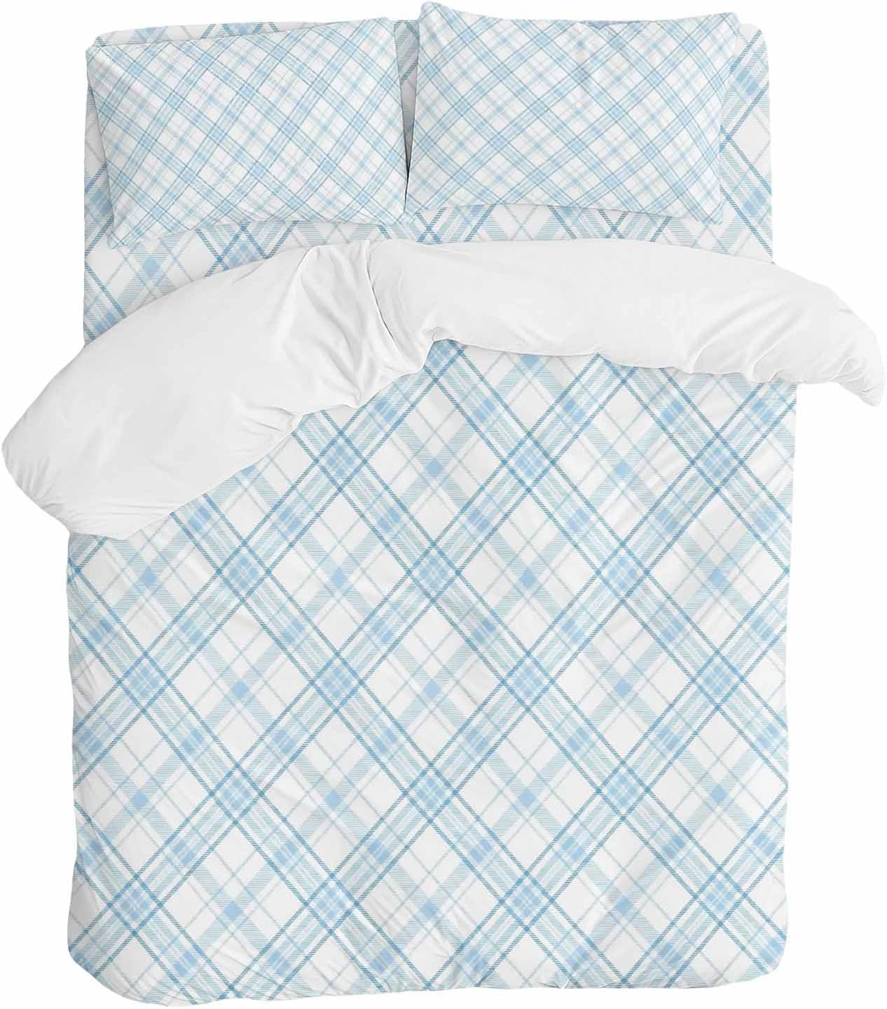 Light Blue White Checkered Duvet Cover Set Queen Size 4 Pieces Modern Minimalist Watercolor Country Farm Bedding Set with Zipper Closure, 1 Comforter Cover 86x86 Inches 1 Flat Sheet & 2 Pillow Cases
