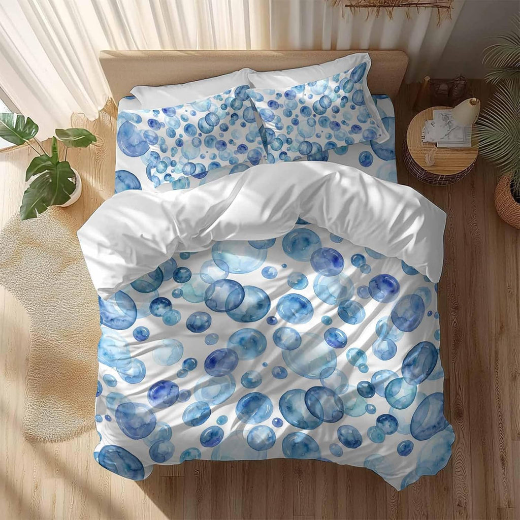 Prime Leader Blue Bubbles Duvet Cover Set Queen Size 4 Pieces Watercolor Gradient Bubble Summer Ocean Bedding Set with Zipper Closure, 1 Comforter Cover 90x92 Inches 1 Flat Sheet & 2 Pillow Cases