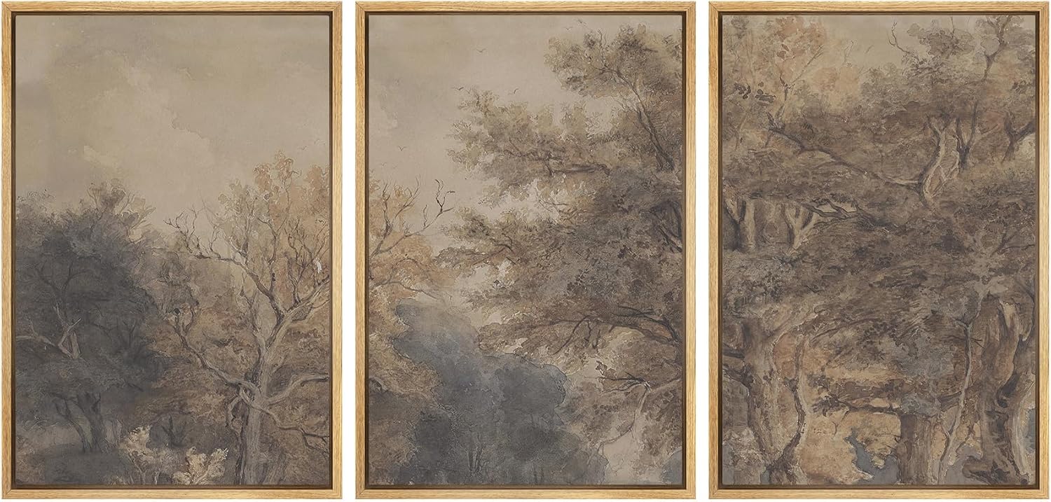 SIGNWIN Framed Canvas Print Wall Art Set Vintage Woodland Sketch Earth Tone Forest Tree Illustrations Modern Art Contemporary Minimal Ultra for Living Room, Bedroom, Office - 24'x36'x3 Natural