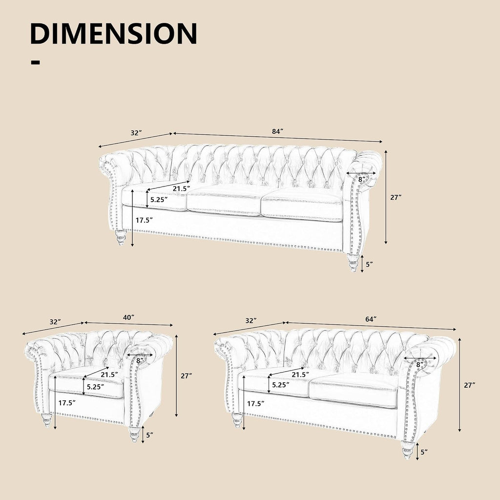 QHITTY 3 Piece Living Room Set, Sectional Chesterfield Sofa Chair Contemporary Upholstered Velvet Loveseat Couch Sets for Living Room, Bedroom, Office (Beige)