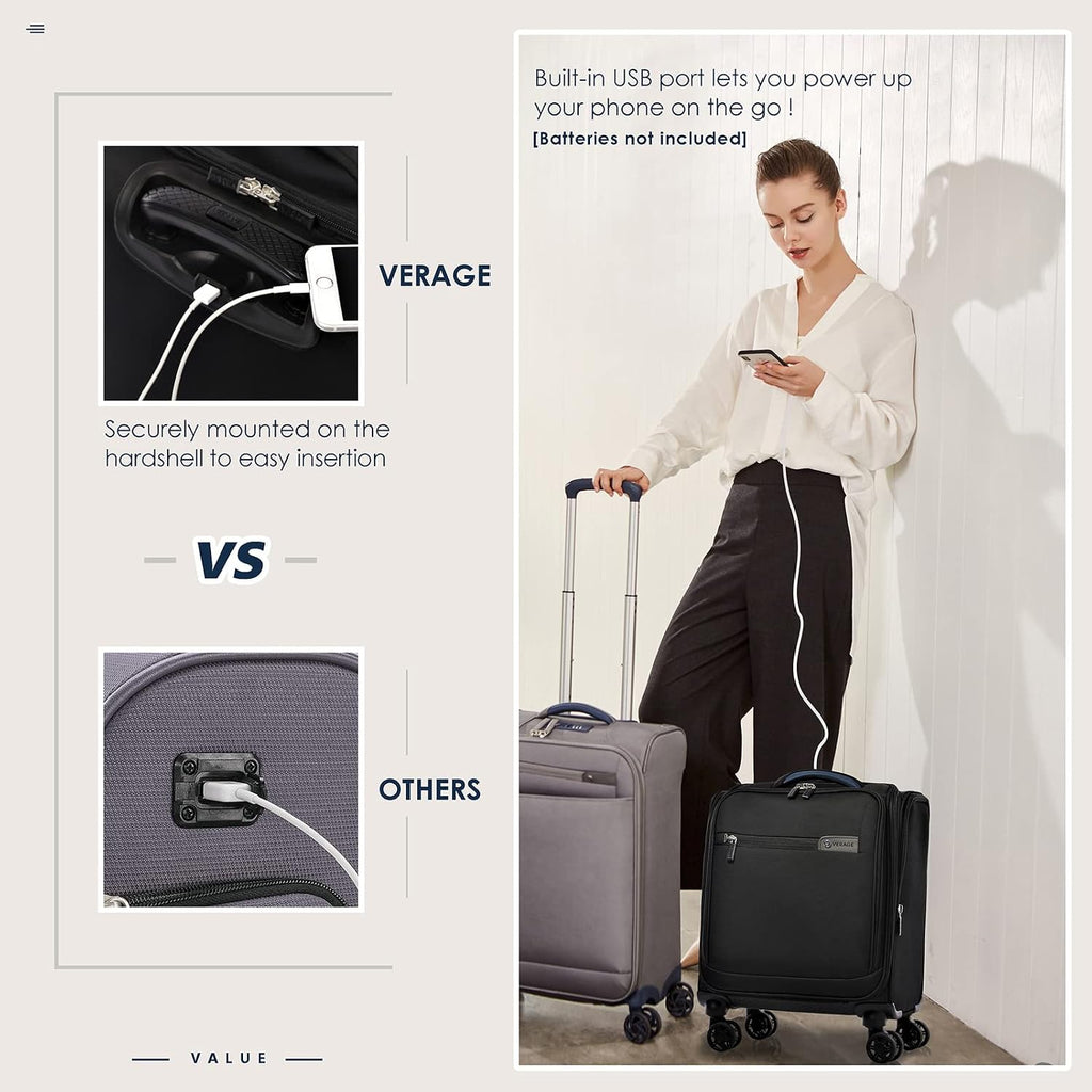 Verage Carry On Underseat Luggage with Wheels & USB Port, 14 Inch Wheeled Spinner Bag Carry-on Luggages for Airlines, Lightweight Suitcase Men Women, Pilots and Crew (14.5-Inch Plus Underseat)