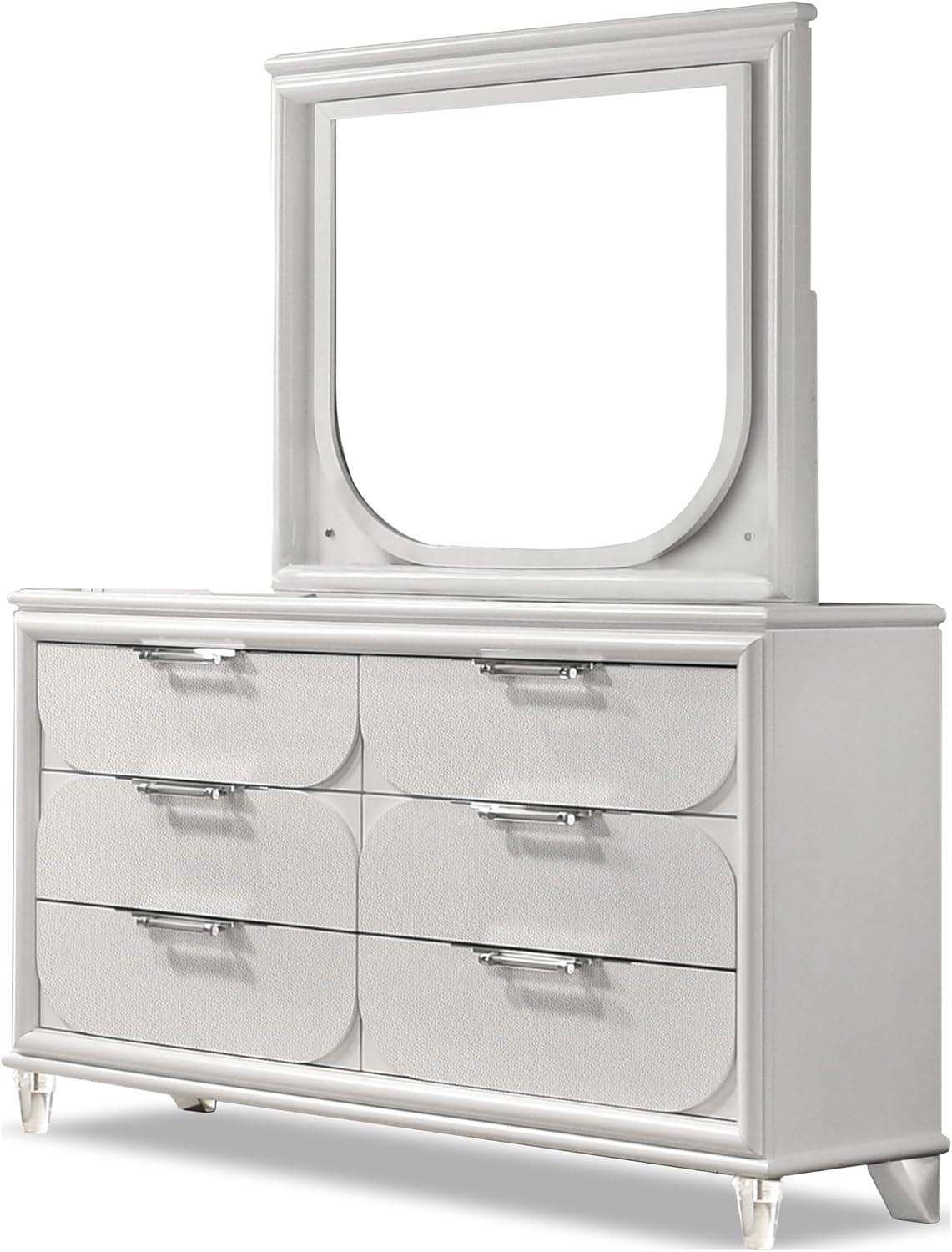Furniture of America Leila Modern Wood 6-Piece Kids Bedroom Set with LED on Headboard and Mirror, Embossed Panels, Hidden Jewelry Tray, Felt-Lined, No Box Spring Needed, Twin, Pearl White
