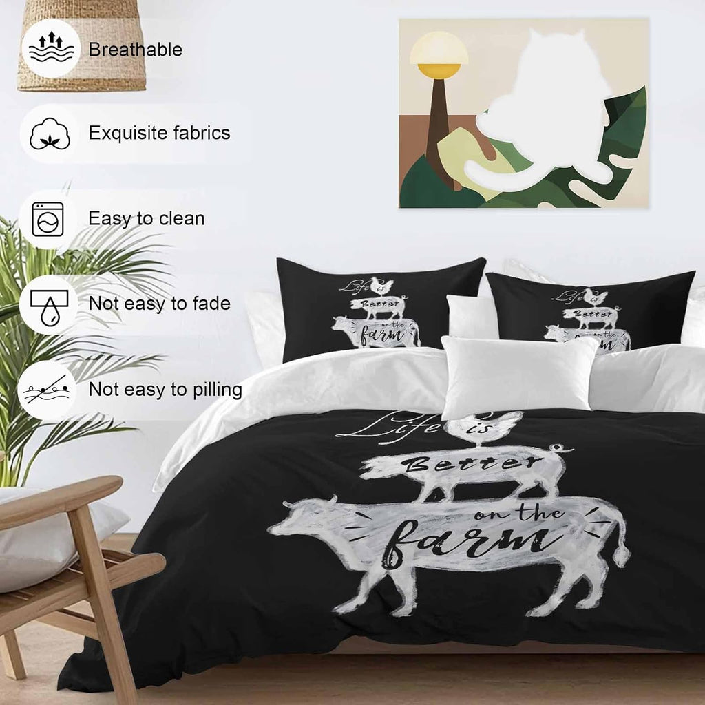 Prime Leader Retro Farm Duvet Cover Set Queen Size 4 Pieces Chicken Pig Cow Farmhouse Animal Black White Bedding Set with Zipper Closure, 1 Comforter Cover 92x106 Inches 1 Flat Sheet & 2 Pillow Cases
