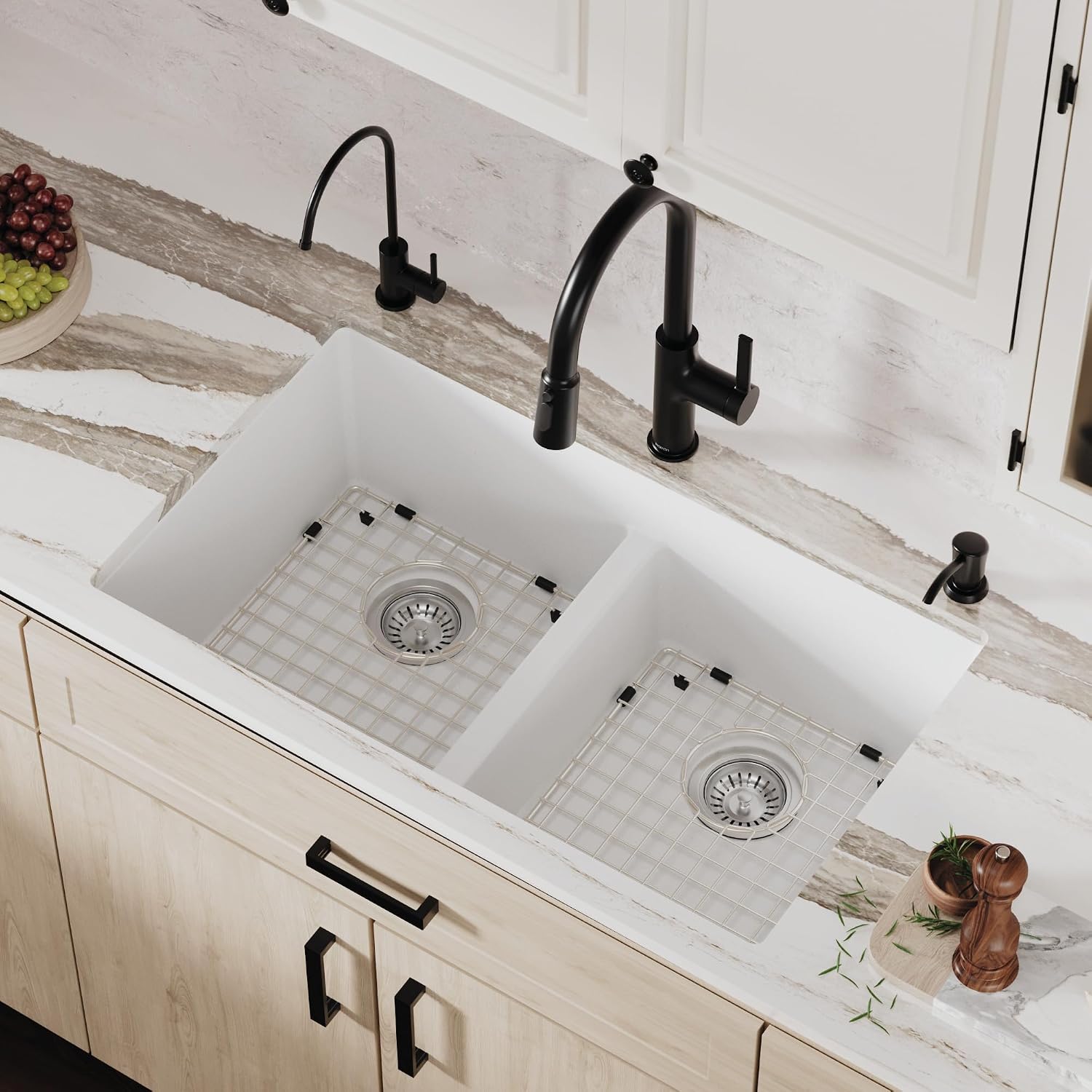 Karran QU-810 32' Undermount Double Bowl Quartz Kitchen Sink Kit, White Composite, Equal Bowls, Scratch Resistant, Heat Safe, Noise Reducing, Includes Grids & Strainers