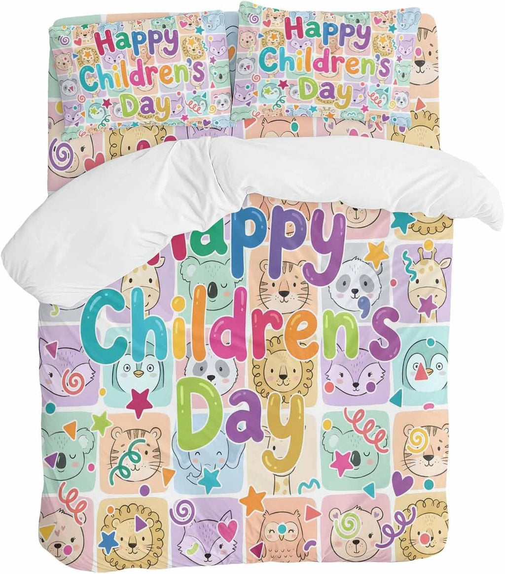Happy Children's Day Duvet Cover Set Queen 4 Pieces Cartoon Animal Tigers Koalas Elephant Lions Foxes Plaid Bedding Set with Zipper Closure,1 Comforter Cover 92x106 Inch 1 Flat Sheet&2 Pillow Cases