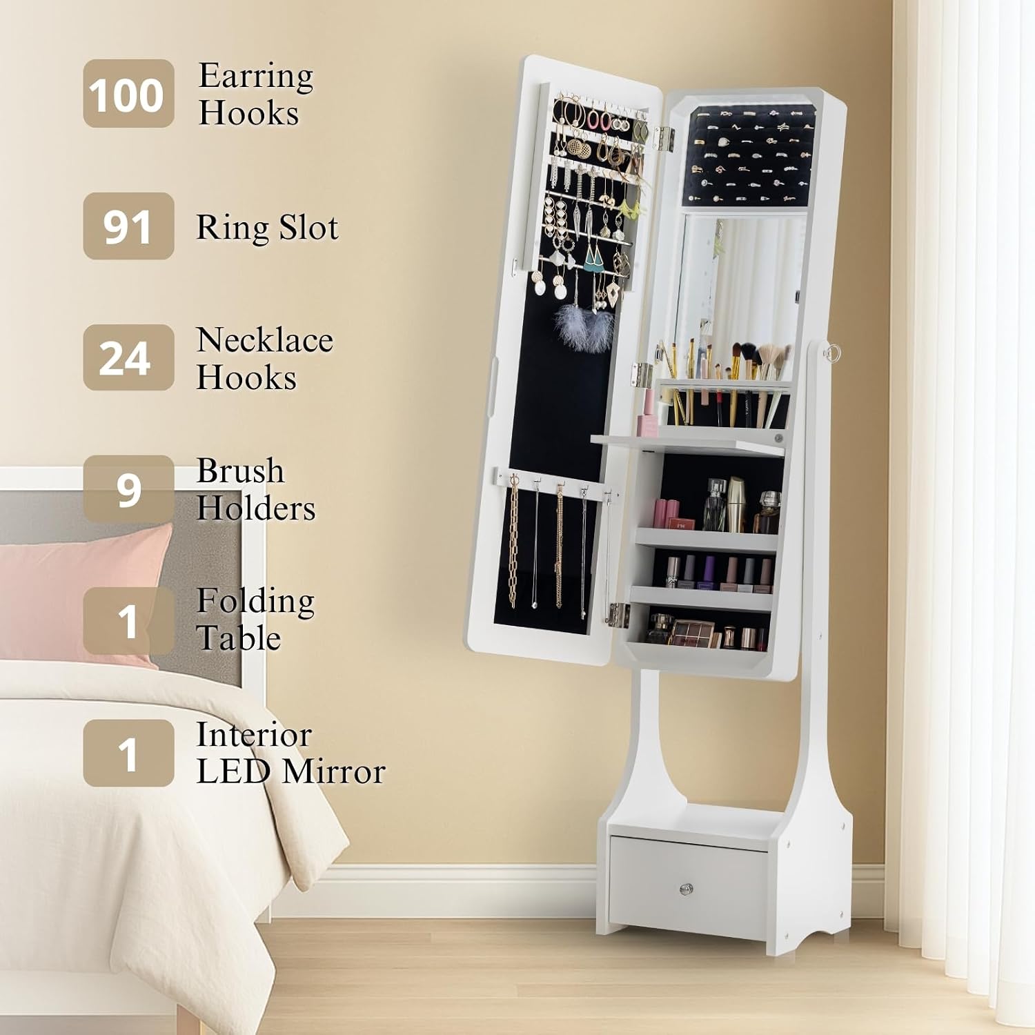 BTEXPERT Mirror Jewelry Cabinet Standing, Large Storage Jewelry Armoire, Full-Length Frameless Mirror with Jewelry Storage, 12 LED Lockable Standing Jewelry Organizer White