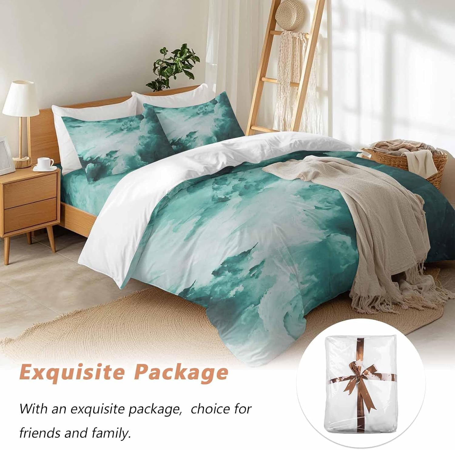 Prime Leader Clouds Duvet Cover Set Queen Size 4 Pieces Abstract Gradient Green Clouds Sky Bedding Set with Zipper Closure, 1 Comforter Cover 92x106 Inches 1 Flat Sheet & 2 Pillow Cases