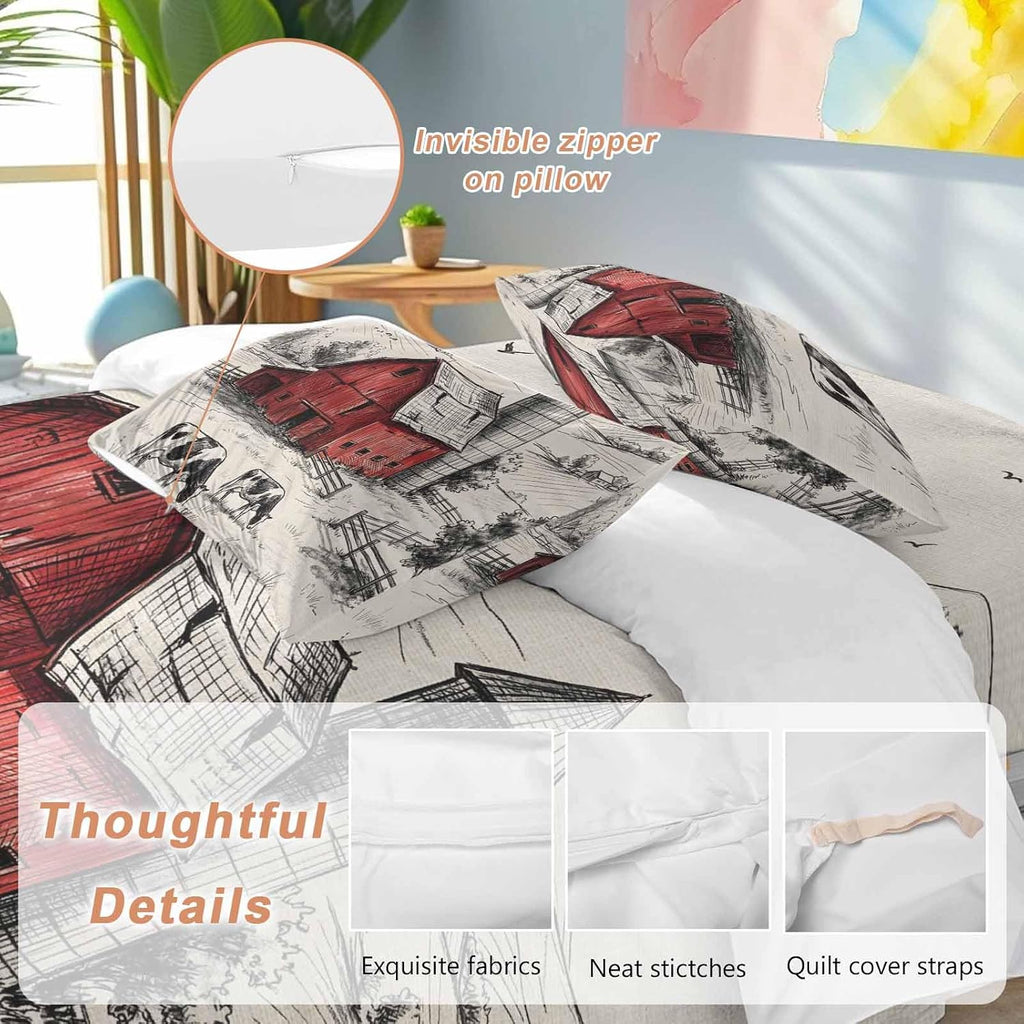Farmhouse Duvet Cover Set Queen Size 4 Pieces Pastoral Landscape Watercolor Barn Farm Dairy Cow Retro Bedding Set with Zipper Closure, 1 Comforter Cover 92x106 Inches 1 Flat Sheet & 2 Pillow Cases