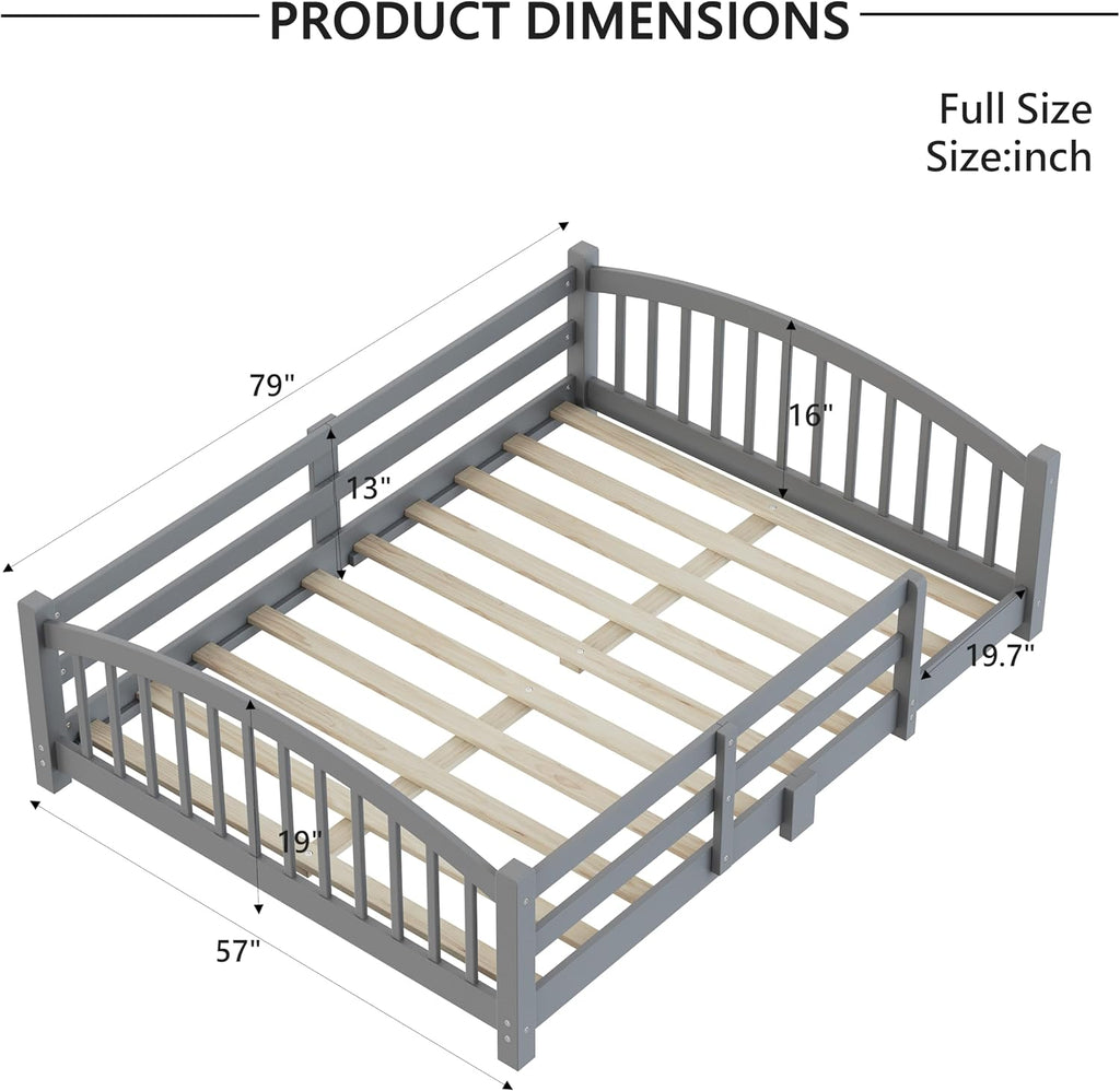 Bellemave Full Size Kids Montessori Floor Bed,Full Size Floor Bed Frame with Slats and Safety Guardrail,Solid Wood Montessori Bed for Girls Boys,Gray