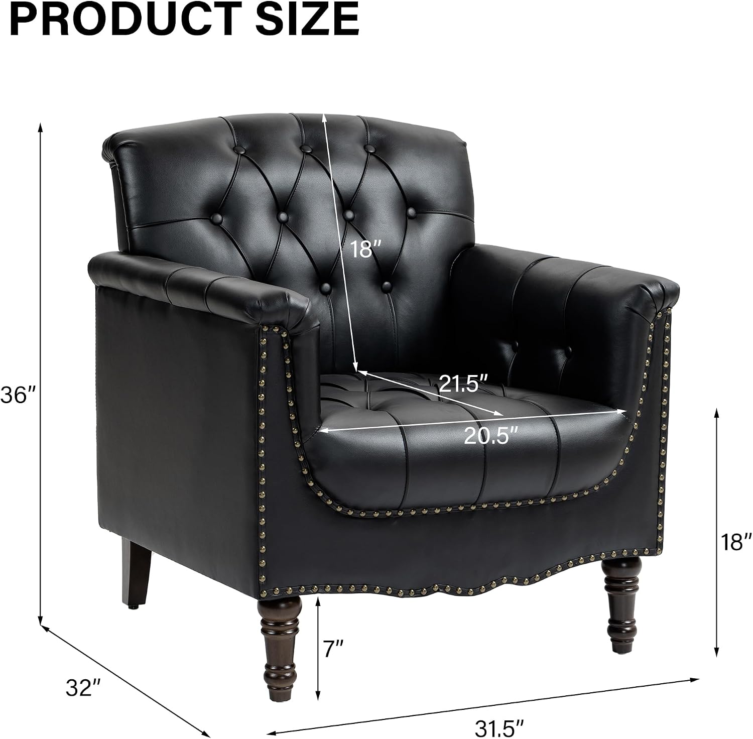 Faux Leather Accent Chair, PU Leather Modern Comfy Upholstered Armchair with Wood Legs & Nailhead Trim for Living Room, Bedroom (Black,Set of 2)