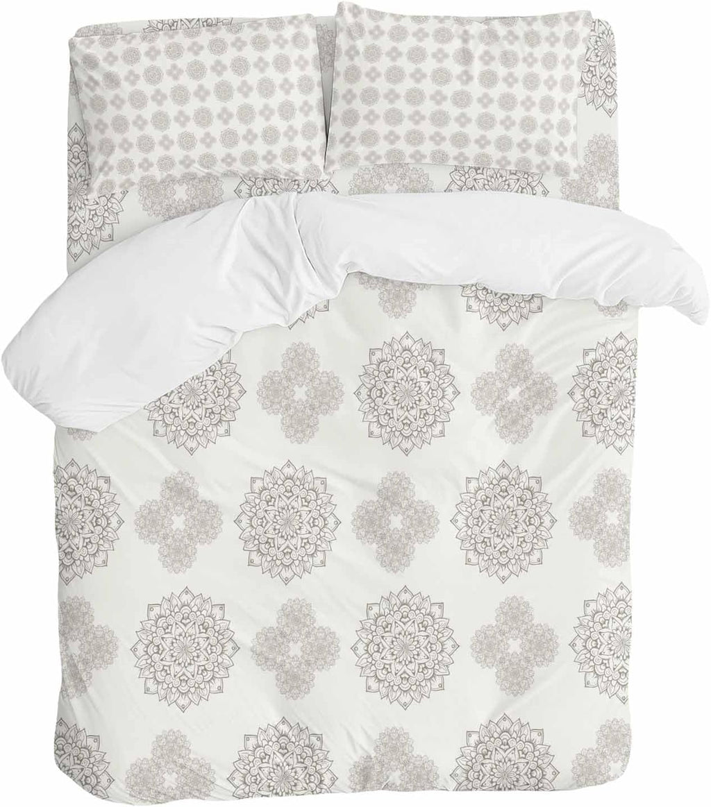 Grey Boho Flower Duvet Cover Set Queen Size 4 Pieces Abstract Bosemia Geometric Graphic Rustic Country Bedding Set with Zipper Closure, 1 Comforter Cover 92x106 Inches 1 Flat Sheet & 2 Pillow Cases