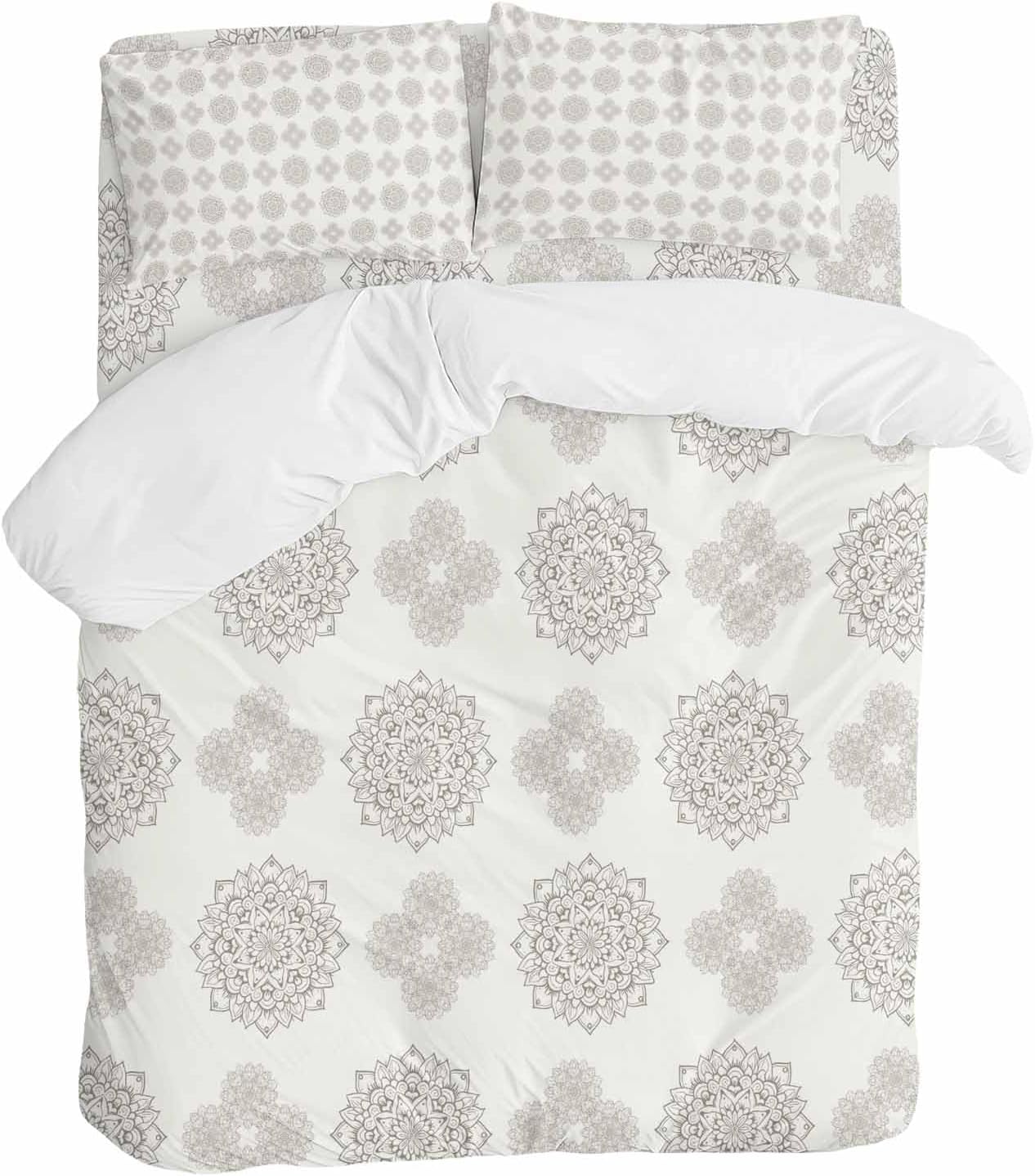 Grey Boho Flower Duvet Cover Set Queen Size 4 Pieces Abstract Bosemia Geometric Graphic Rustic Country Bedding Set with Zipper Closure, 1 Comforter Cover 92x106 Inches 1 Flat Sheet & 2 Pillow Cases