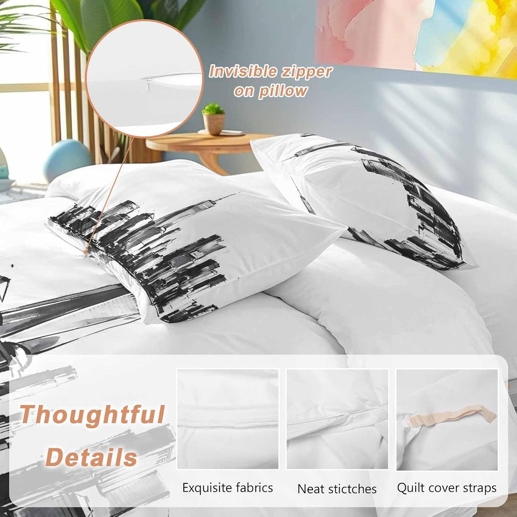 City Silhouette Duvet Cover Set Queen Size 4 Pieces Modern Minimalist Black and White Skyscraper Bedding Set with Zipper Closure, 1 Comforter Cover 86x86 Inches 1 Flat Sheet & 2 Pillow Cases