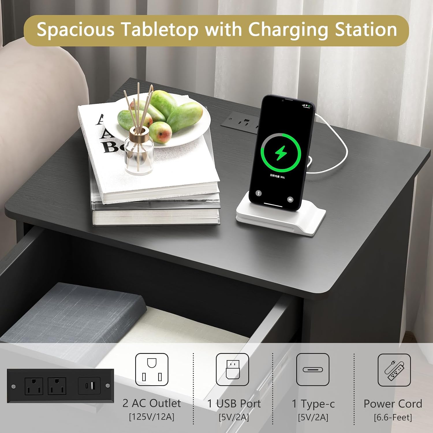 Spaco Black Nightstand Set of 2 with Charging Station,Modern Night Stand Set with 2 Drawers and Open Shelf,Bedside Tables with Storage for Bedroom, End Side Tables for Living Room
