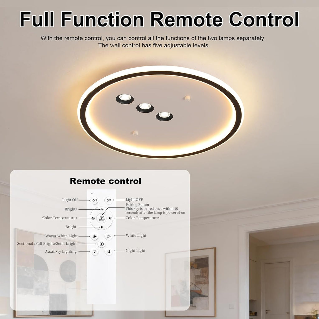 Shine LUEST Modern Round LED Flush Mount Ceiling Light with Black Finish & 3 Adjustable Spotlights, Dimmable Soft Glow Ceiling Lighting for Living Room Bedroom Hallway