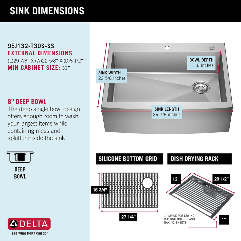 DELTA FAUCET Delta Lenta 30-inch Retrofit Farmhouse Apron Front 16 Gauge Stainless Steel Single Bowl Kitchen Sink for Undermount/Drop-In Installation with Accessories, 95J132-T30S-SS