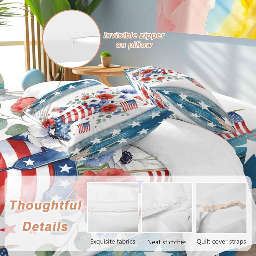 Independence Day Duvet Cover Set Queen Size 4 Pieces American Flag Boots Flowers Blue Wood Grain Bedding Set with Zipper Closure, 1 Comforter Cover 86x86 Inches 1 Flat Sheet & 2 Pillow Cases