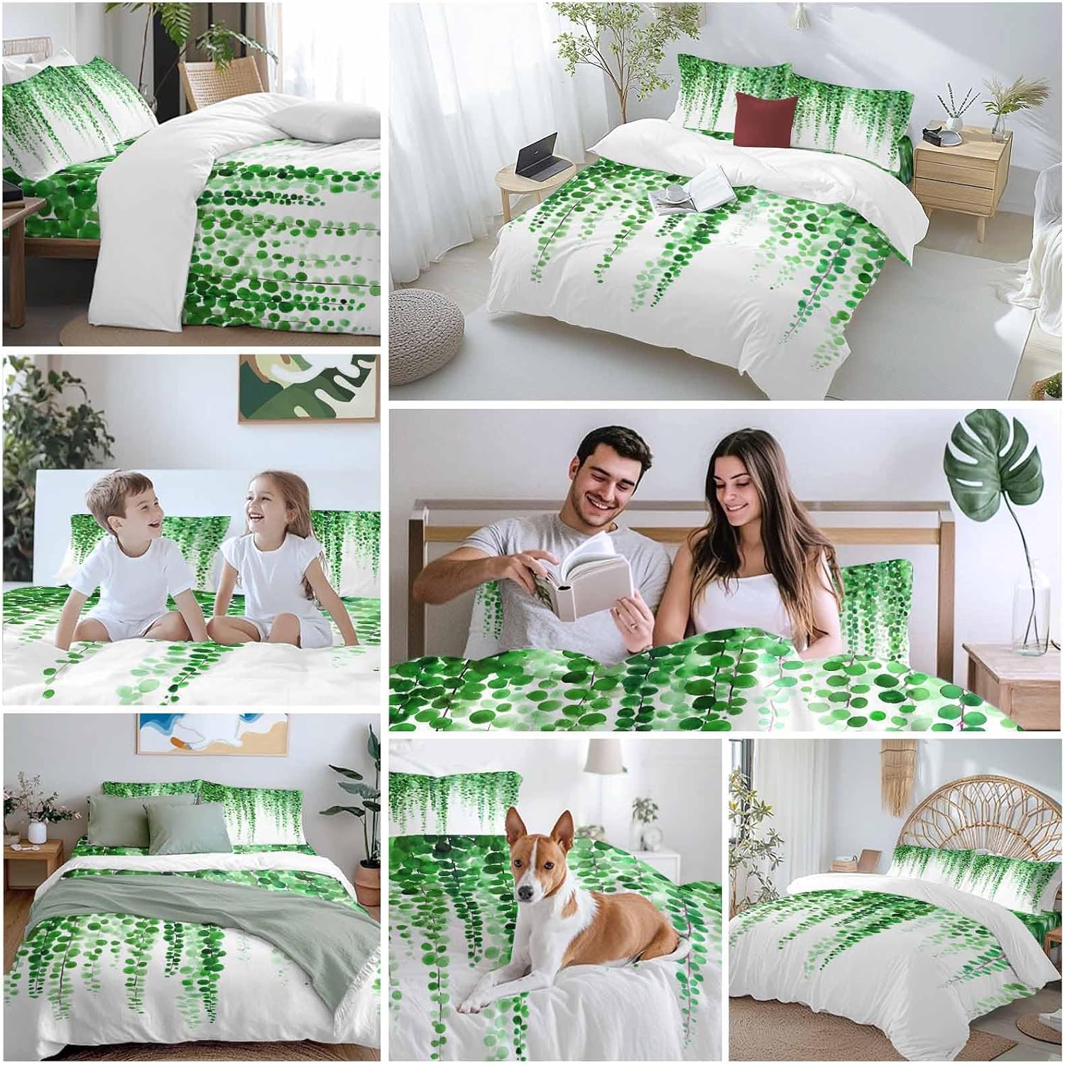 Prime Leader Green Eucalyptus Leaves Duvet Cover Set Queen Size 4 Pieces Summer Watercolor Plants Bedding Set with Zipper Closure, 1 Comforter Cover 92x106 Inches 1 Flat Sheet & 2 Pillow Cases