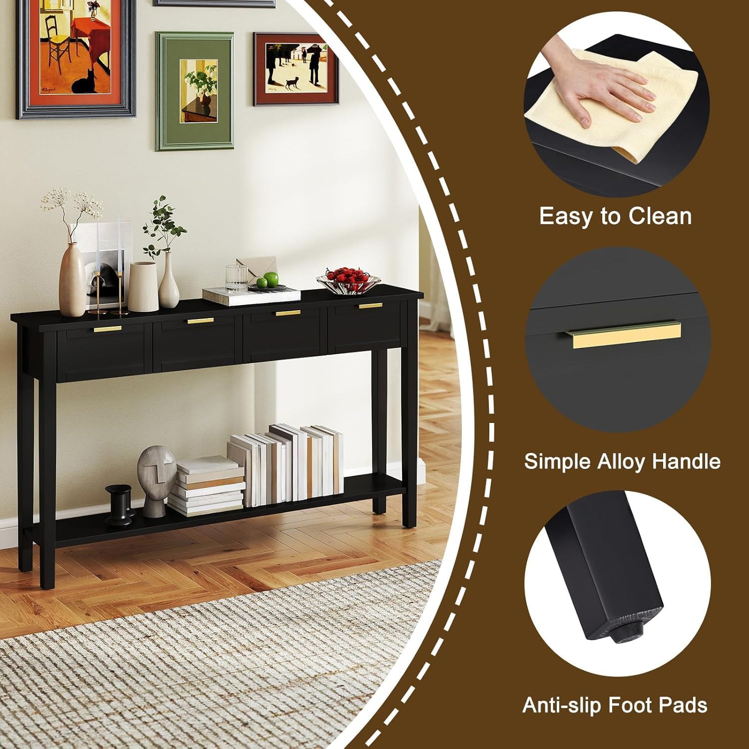 kinbor Long Console Table - 2-Tier Narrow Sofa Table with Open Shelf & 4 Drawers, Modern Narrow Console Table Entryway Table with Storage for Entryway Living Room Bedroom Kitchen, Black