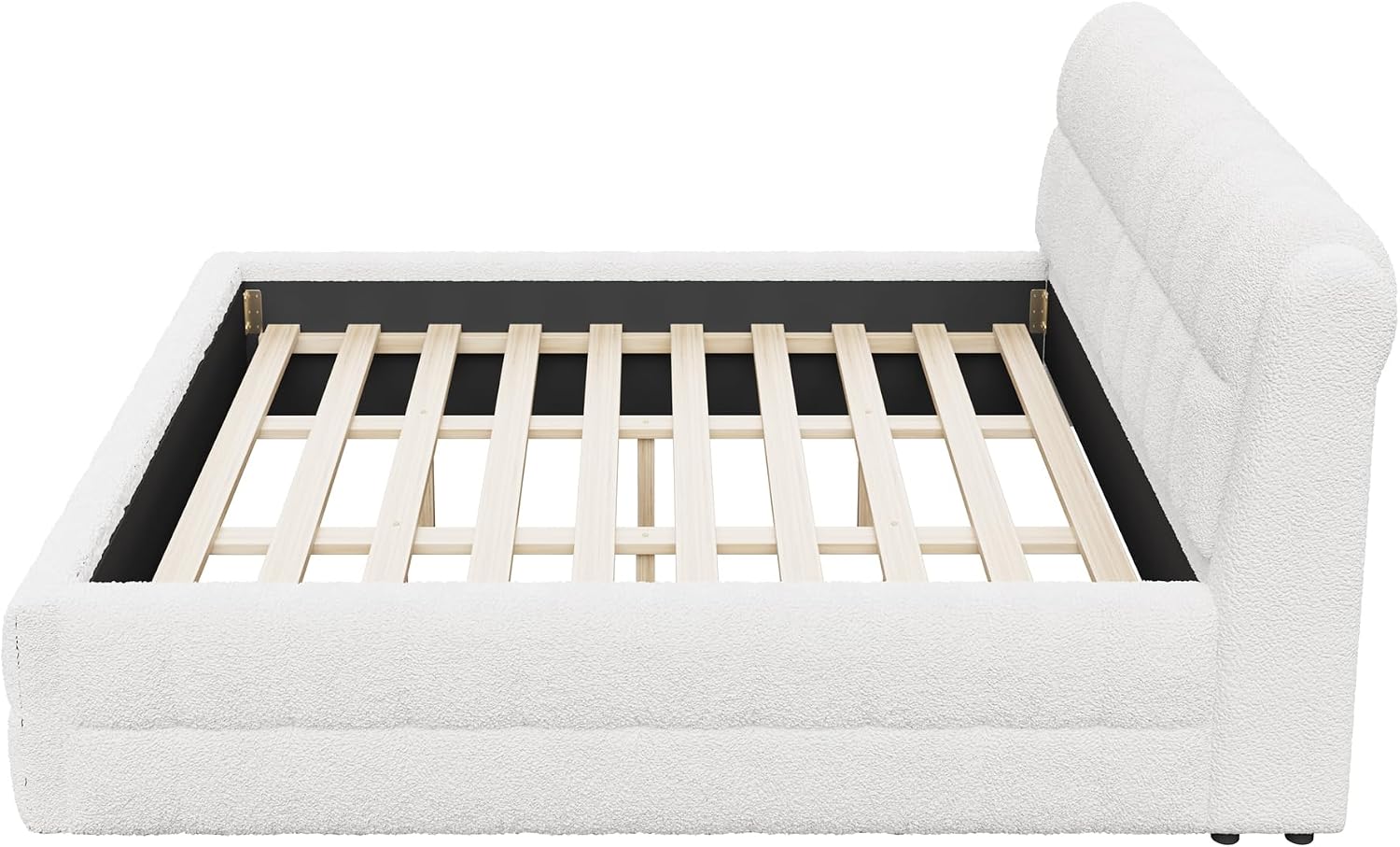 GDFStudio California King Size Upholstered Platform Bed, Boucle Bed Frame with Foam Headboard, Wood Slat Support for King Mattress, Modern Platform Bed for Master Bedroom, No Box Spring Needed, White