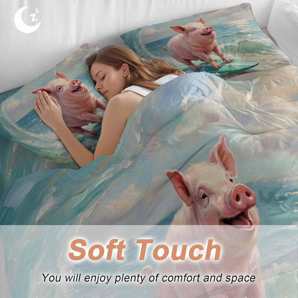 Summer Ocean Duvet Cover Set Queen Size 4 Pieces Watercolor Funny Pig Teal Surfboard Coastal Wave Bedding Set with Zipper Closure, 1 Comforter Cover 92x106 Inches 1 Flat Sheet & 2 Pillow Cases