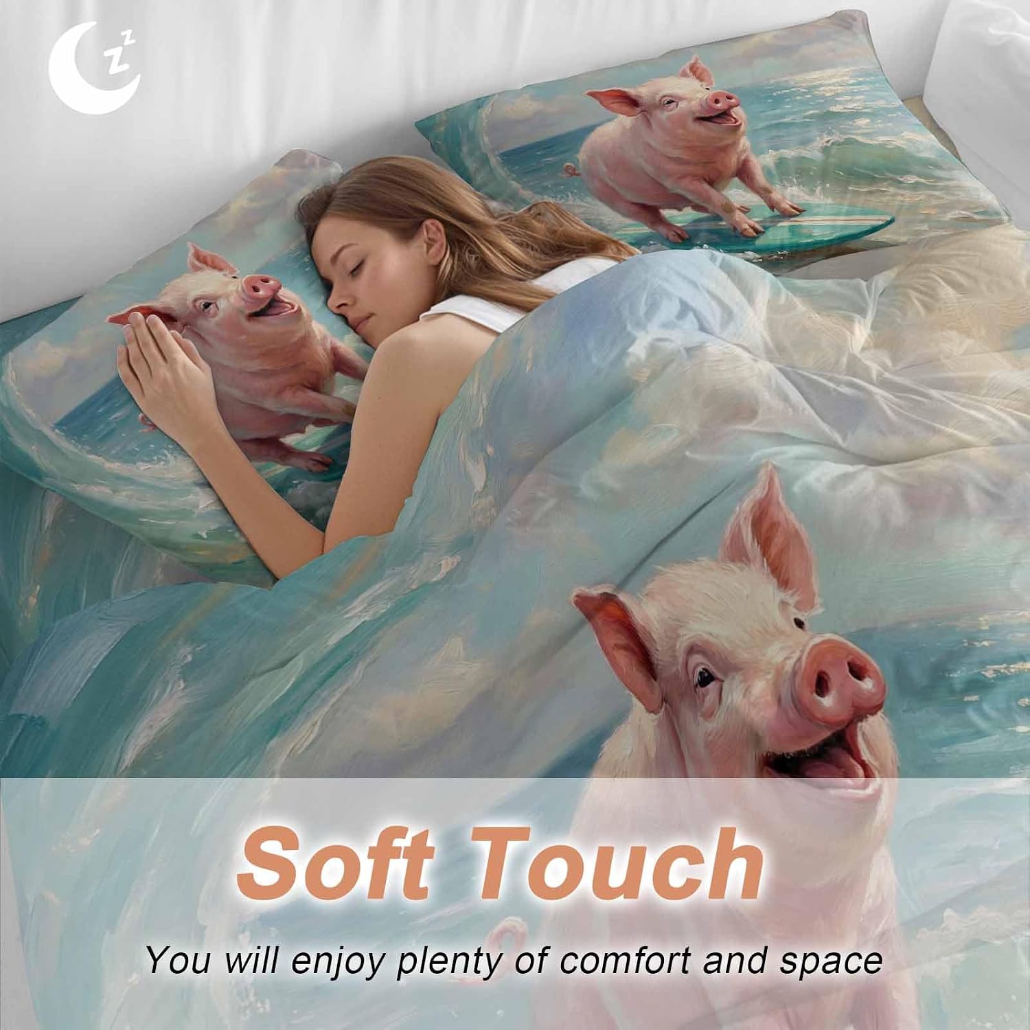 Summer Ocean Duvet Cover Set Queen Size 4 Pieces Watercolor Funny Pig Teal Surfboard Coastal Wave Bedding Set with Zipper Closure, 1 Comforter Cover 92x106 Inches 1 Flat Sheet & 2 Pillow Cases