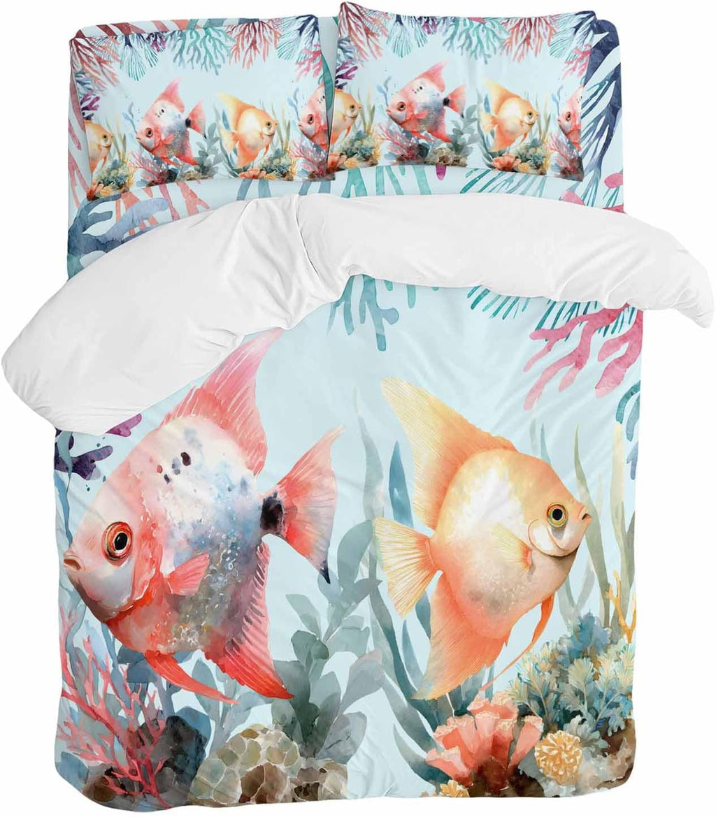 Summer Fish Duvet Cover Set Queen Size 4 Pieces Nautical Watercolor Orange Red Marine Life Coral Seaweed Bedding Set with Zipper Closure, 1 Comforter Cover 92x106 Inches 1 Flat Sheet & 2 Pillow Cases