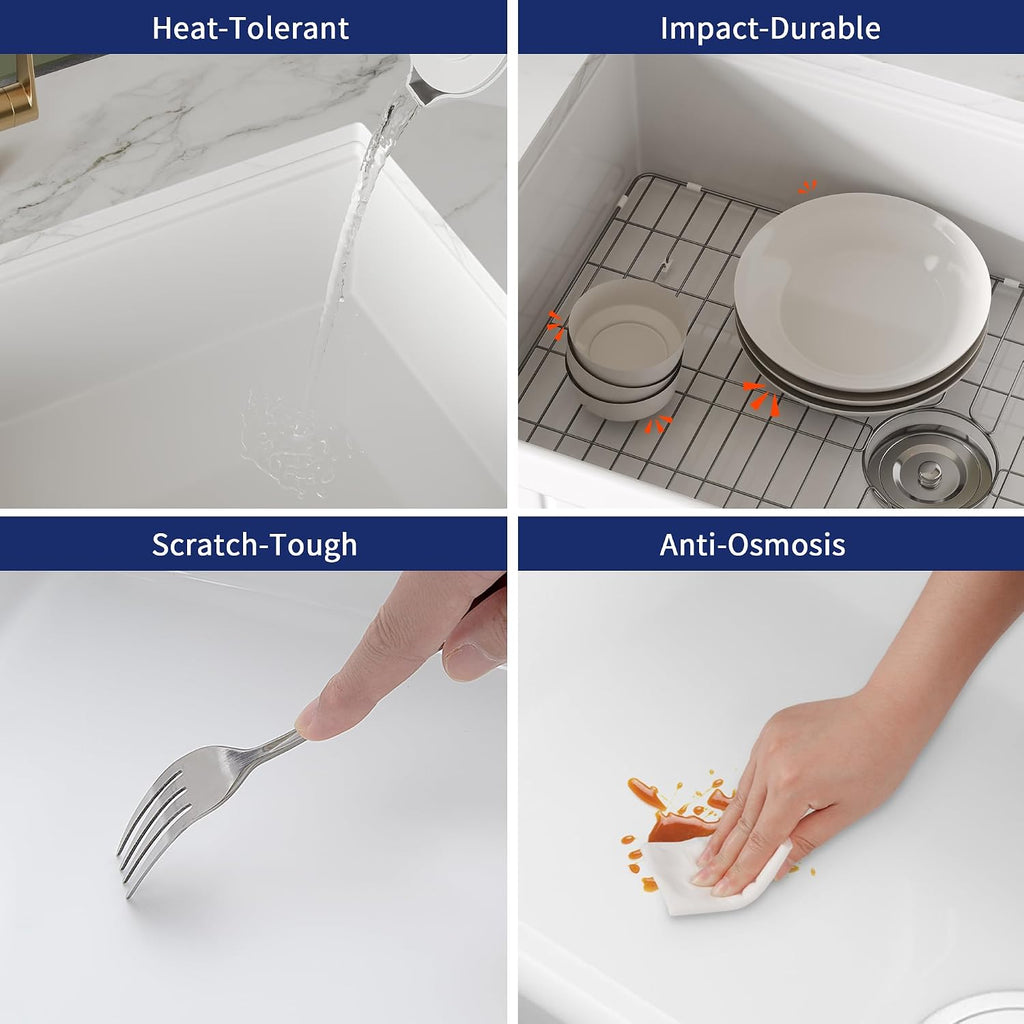 DeerValley 33' L x 20' W Farmhouse Workstation Kitchen Sink, Reversible Fireclay Deep Single Bowl Apron Front Kitchen Sink, White Undermount Farm Sink with Ledge and Accessories