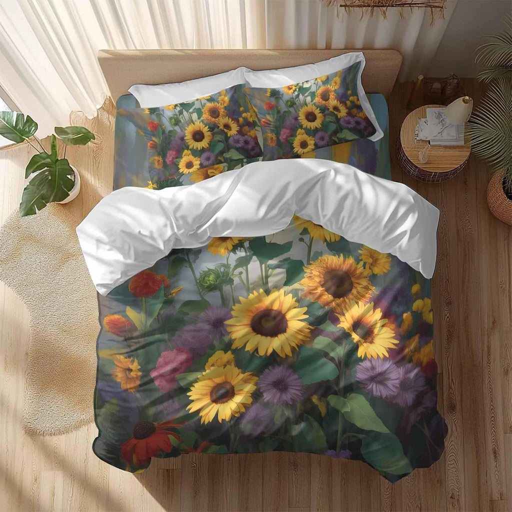 Spring Florals Duvet Cover Set Queen Size 4 Pieces Watercolor Sunflowers Country Green Leaves Bedding Set with Zipper Closure, 1 Comforter Cover 92x106 Inches 1 Flat Sheet & 2 Pillow Cases