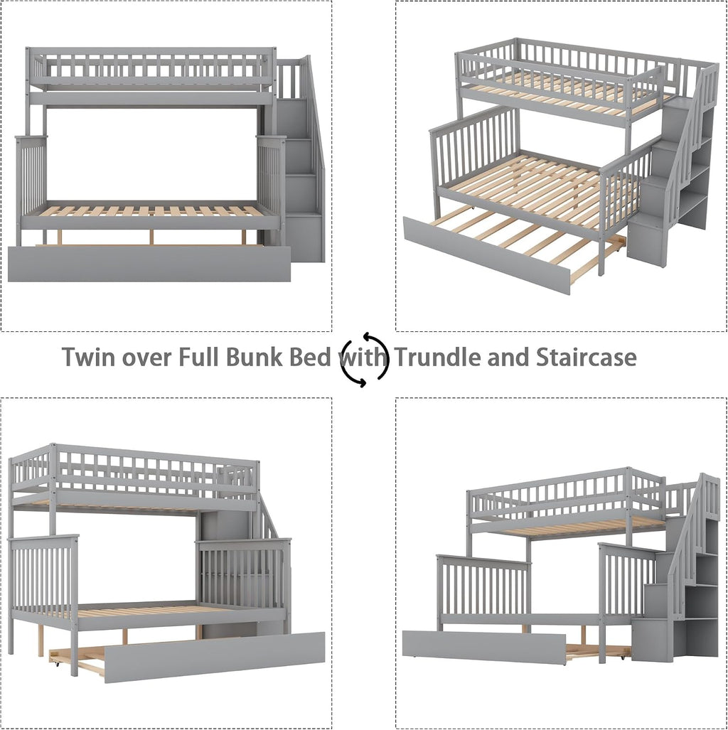 Merax Twin-Over-Full Stairway Bunk Bed with Trundle, Storage Staircase and Full Length Guardrail, Solid Wood Storage Bunk Bed with Trundle, No Spring Box Needed (Grey)