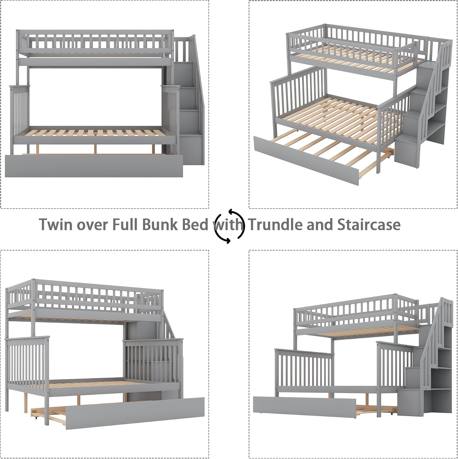 Merax Twin-Over-Full Stairway Bunk Bed with Trundle, Storage Staircase and Full Length Guardrail, Solid Wood Storage Bunk Bed with Trundle, No Spring Box Needed (Grey)