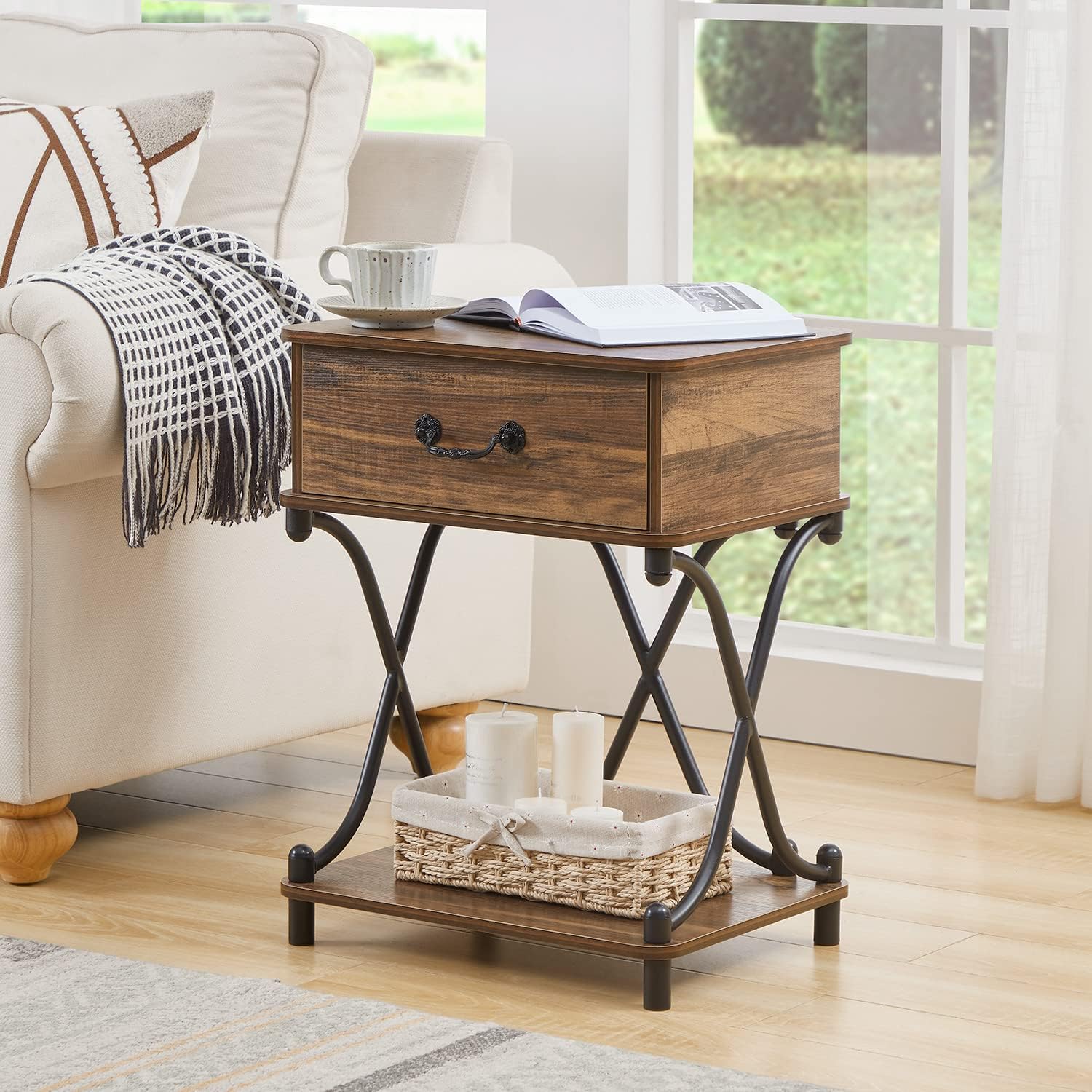 VECELO Nightstands Set of 2 with Drawer for Bedroom, Endtable Bedside Table with Storage & Open Shelf for Living Room, Brown