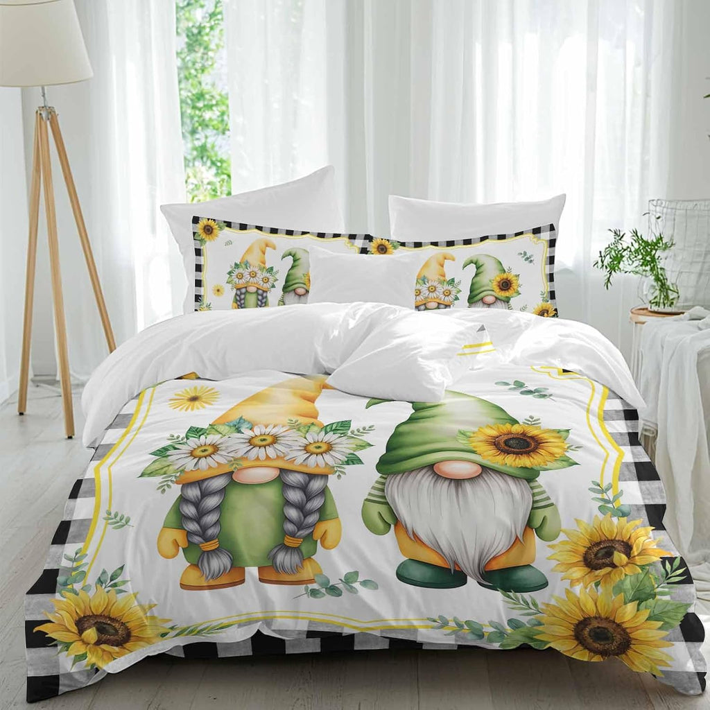 Prime Leader Summer Dwarfs Duvet Cover Set Queen Size 4 Pieces Yellow Sunflower Daisy Black Plaid Field Bedding Set with Zipper Closure, 1 Comforter Cover 92x106 Inches 1 Flat Sheet & 2 Pillow Cases