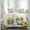 Prime Leader Summer Dwarfs Duvet Cover Set Queen Size 4 Pieces Yellow Sunflower Daisy Black Plaid Field Bedding Set with Zipper Closure, 1 Comforter Cover 92x106 Inches 1 Flat Sheet & 2 Pillow Cases