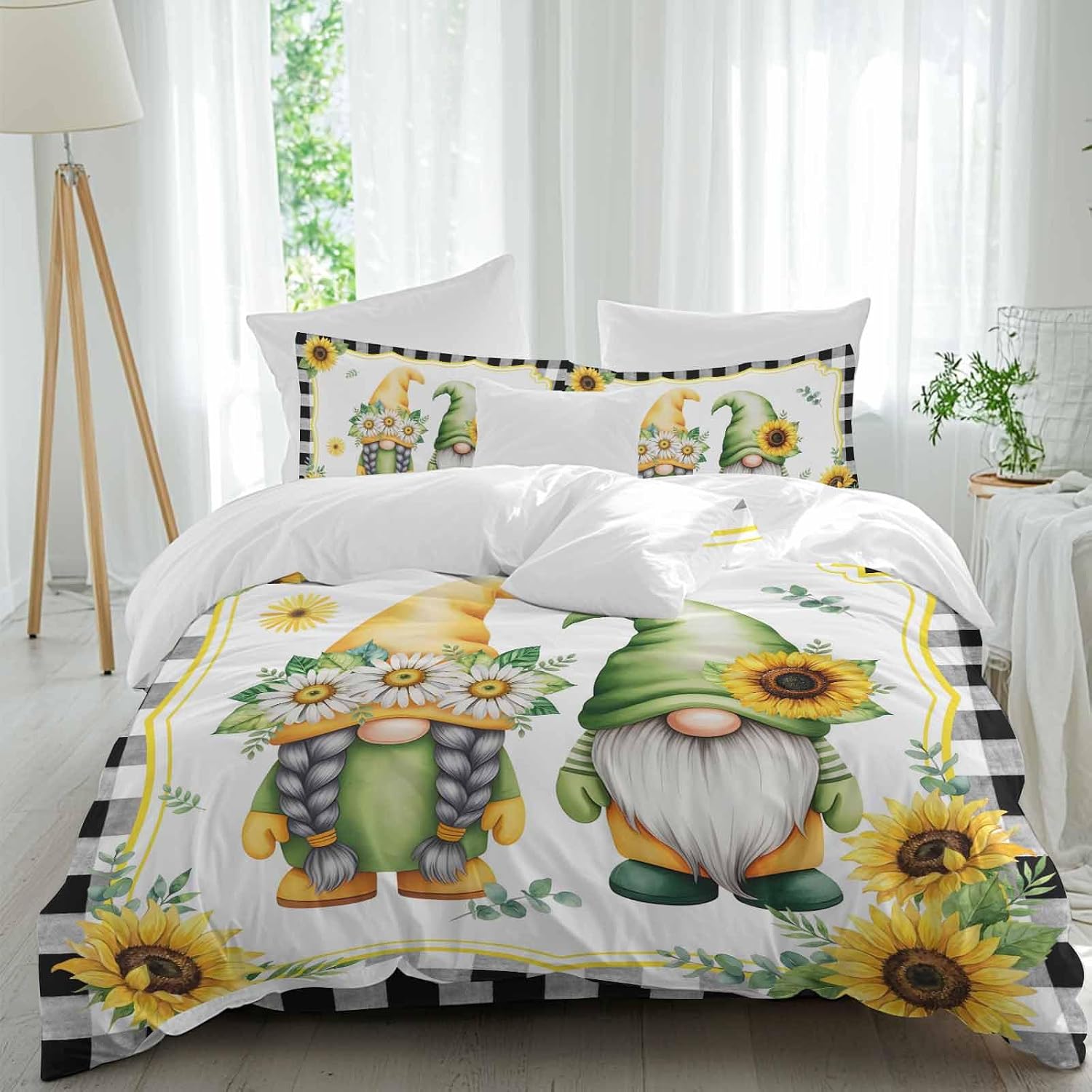 Prime Leader Summer Dwarfs Duvet Cover Set Queen Size 4 Pieces Yellow Sunflower Daisy Black Plaid Field Bedding Set with Zipper Closure, 1 Comforter Cover 92x106 Inches 1 Flat Sheet & 2 Pillow Cases