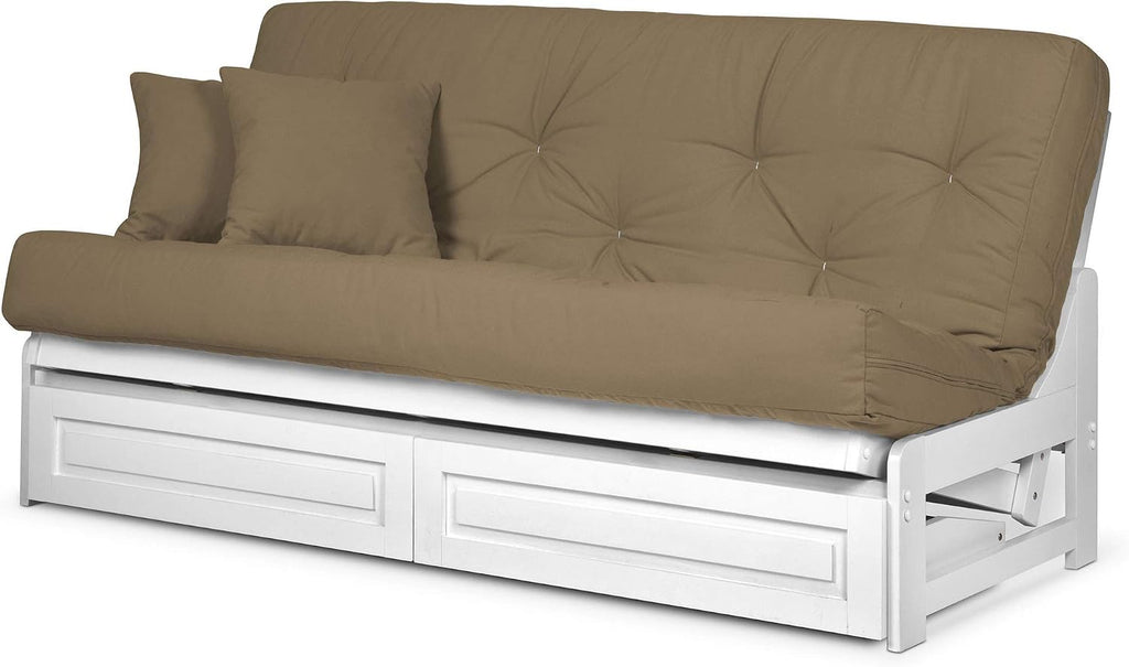 Nirvana Futons Arden White Futon with Storage Drawers Full or Queen Size - Space Saving Armless Design with Comfortable Mattress Included (Microfiber Sussex Khaki), Sofa Bed Available in