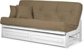Nirvana Futons Arden White Futon with Storage Drawers Full or Queen Size - Space Saving Armless Design with Comfortable Mattress Included (Microfiber Sussex Khaki), Sofa Bed Available in