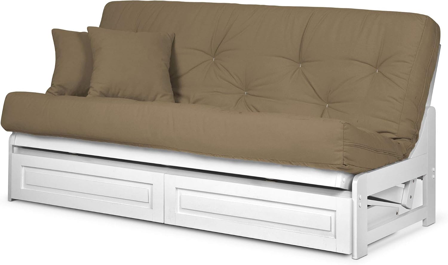 Nirvana Futons Arden White Futon with Storage Drawers Full or Queen Size - Space Saving Armless Design with Comfortable Mattress Included (Microfiber Sussex Khaki), Sofa Bed Available in