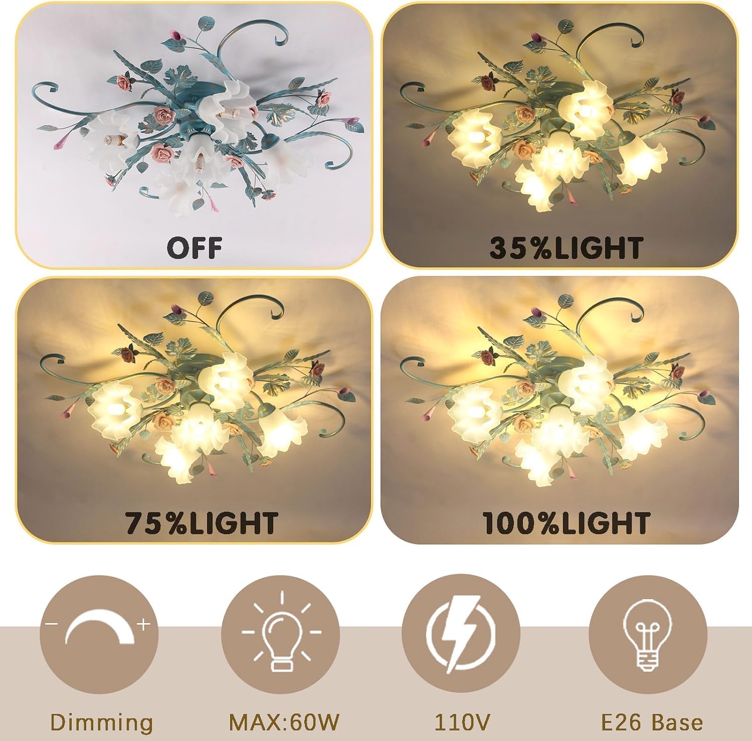 Flower Chandelier Ceiling Light,5-Light Pink Ceramic Rose Ceiling Lamp with Glass Lampshade,Flush Mount Ceiling Light Fixture for Living Room,Bedroom,Dinning Room,Hallway,Kitchen,Turquoise.