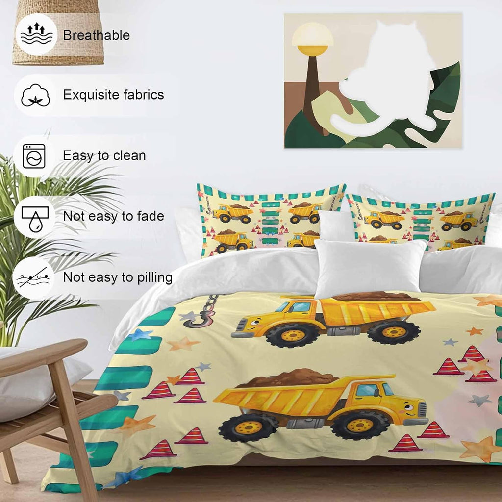 Prime Leader Cartoon Caravans Duvet Cover Set Queen Size 4 Pieces Hookups Roadblocks Stars Green Border Bedding Set with Zipper Closure, 1 Comforter Cover 86x86 Inches 1 Flat Sheet & 2 Pillow Cases